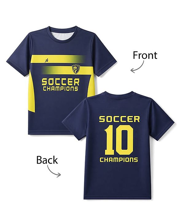 Pine Active Knit Half Sleeves T-Shirt with Front & Back Soccer Champions Print - Navy Blue