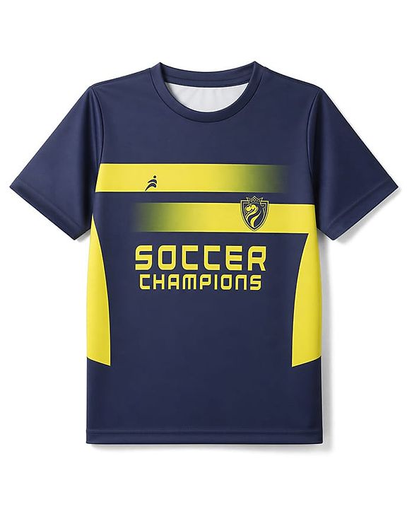 Pine Active Knit Half Sleeves T-Shirt with Front & Back Soccer Champions Print - Navy Blue