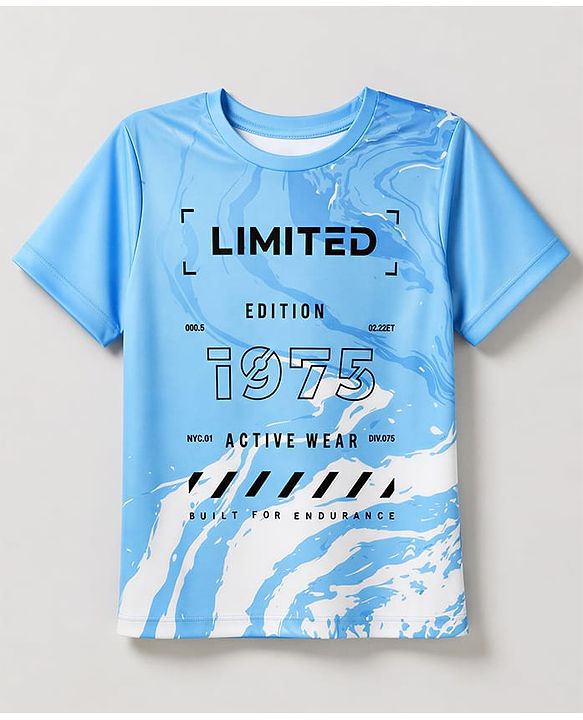 Pine Active Knit Half Sleeves T-Shirt  with Text Print - Blue