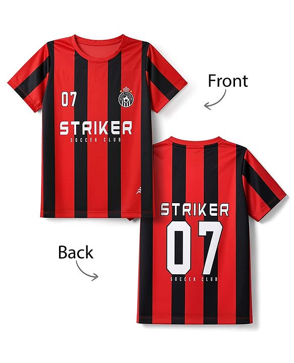Pine Active Knit Half Sleeves Striped T-Shirt With Text Print - Red & Black