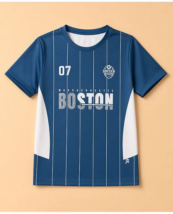 Pine Active Knit Half Sleeves T-Shirt With Stripes & Text Print - Blue