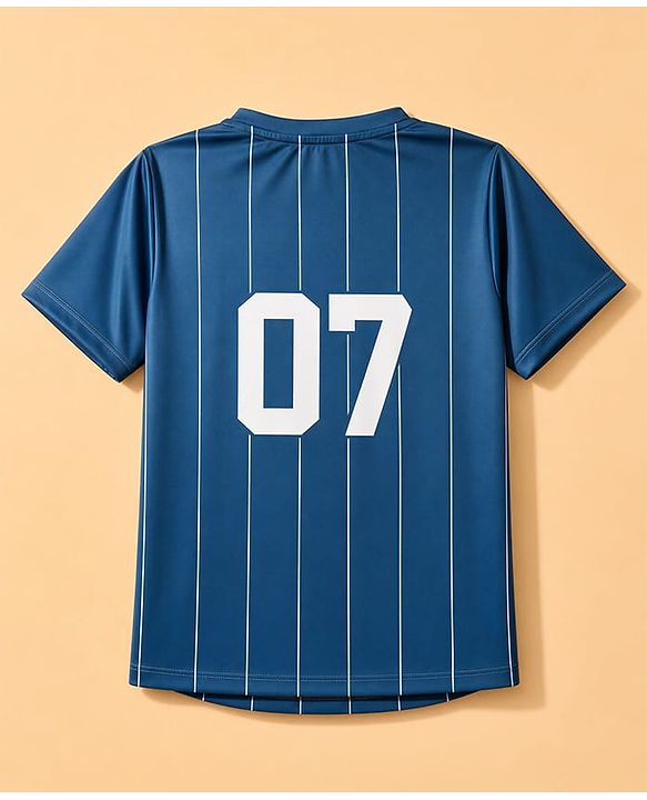 Pine Active Knit Half Sleeves T-Shirt With Stripes & Text Print - Blue