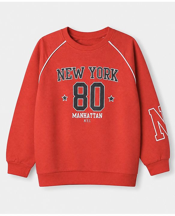 Babyhug Cotton Knit Full Raglan Sleeves Sweatshirt With Text Print - Red