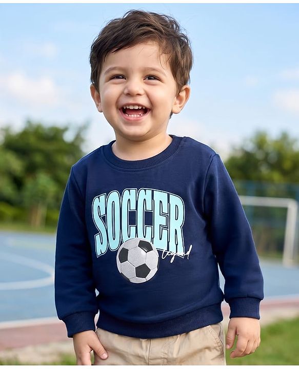 Babyhug 100% Cotton Knit Sweatshirt with Full Sleeves & Soccer Print - Navy Blue