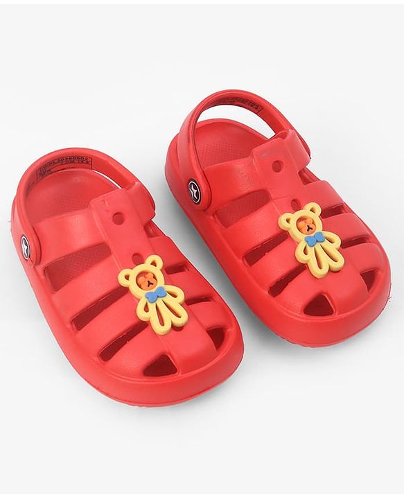 Cute Walk by Babyhug Back Strap Closure Clogs With Teddy Bear Applique - Red