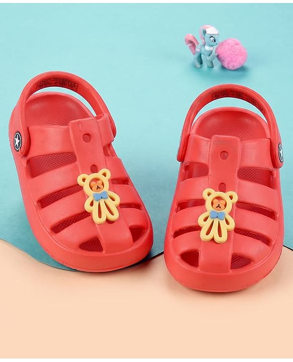 Cute Walk by Babyhug Back Strap Closure Clogs With Teddy Bear Applique - Red