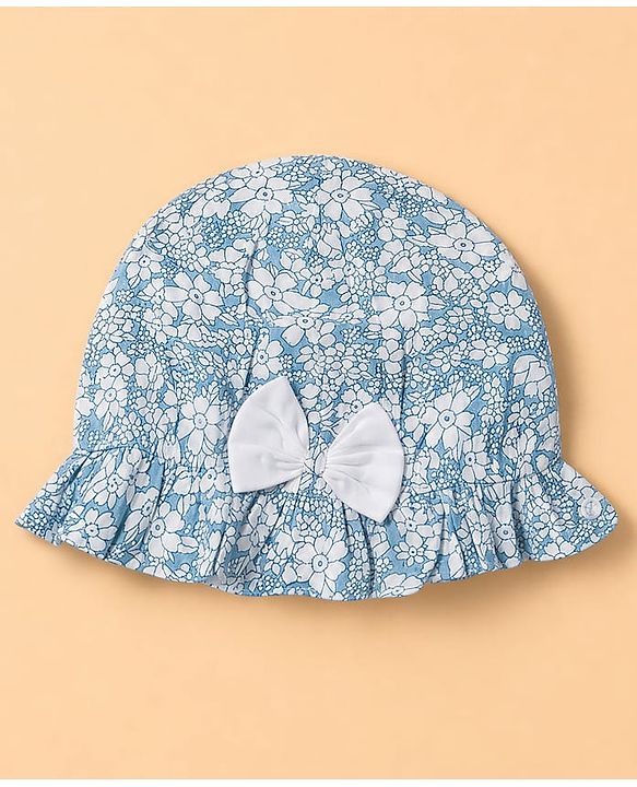 Babyhug Woven Sleeveless Floral Frock With Bow With Bloomer & Cap - White