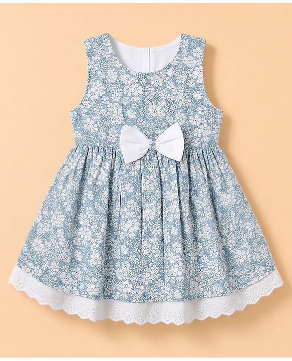 Babyhug Woven Sleeveless Floral Frock With Bow With Bloomer & Cap - White