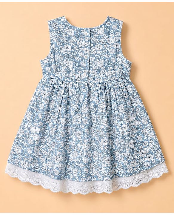 Babyhug Woven Sleeveless Floral Frock With Bow With Bloomer & Cap - White