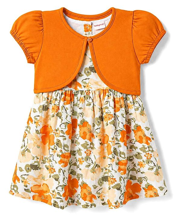 Babyhug 100% Cotton Woven Half Sleeves Floral Printed Frock With Shrug - Orange