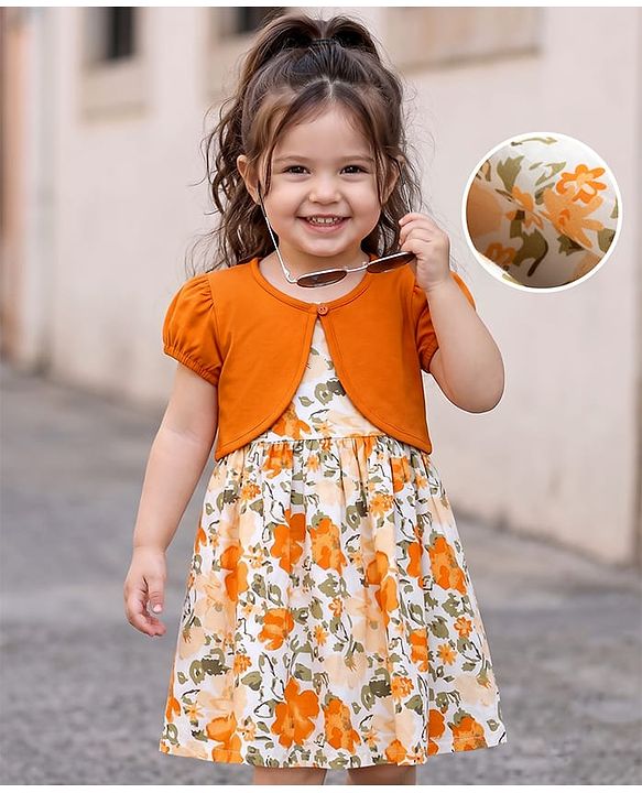 Babyhug 100% Cotton Woven Half Sleeves Floral Printed Frock With Shrug - Orange