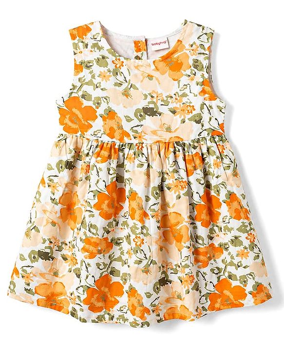 Babyhug 100% Cotton Woven Half Sleeves Floral Printed Frock With Shrug - Orange