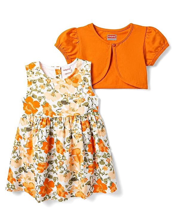 Babyhug 100% Cotton Woven Half Sleeves Floral Printed Frock With Shrug - Orange