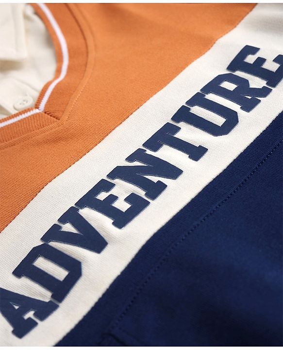 Babyhug 100% Cotton Heavy Gauge Knit Front Open Sweatshirt with Full Sleeves and Adventure Text Print in Orange