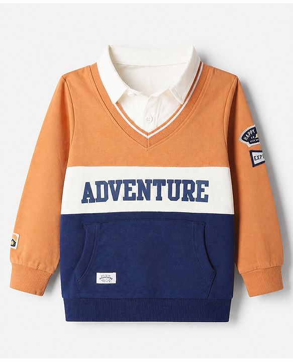 Babyhug 100% Cotton Heavy Gauge Knit Front Open Sweatshirt with Full Sleeves and Adventure Text Print in Orange