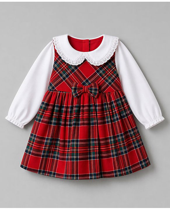 Babyhug Woven Full Sleeves Checked Frock With Bow Applique - Red