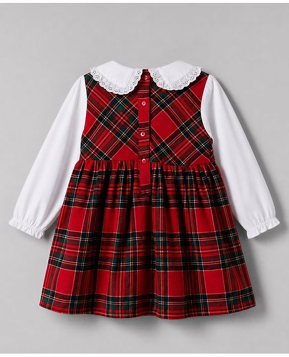 Babyhug Woven Full Sleeves Checked Frock With Bow Applique - Red