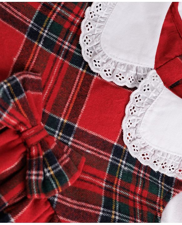 Babyhug Woven Full Sleeves Checked Frock With Bow Applique - Red