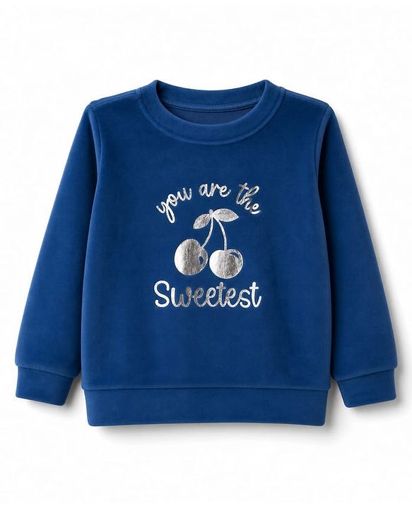 Babyhug Velour Knit Full Sleeves Text & Cherry Printed Winter Wear Suit - Navy Blue