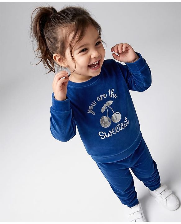 Babyhug Velour Knit Full Sleeves Text & Cherry Printed Winter Wear Suit - Navy Blue