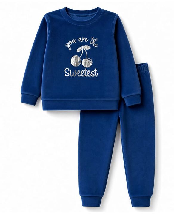 Babyhug Velour Knit Full Sleeves Text & Cherry Printed Winter Wear Suit - Navy Blue