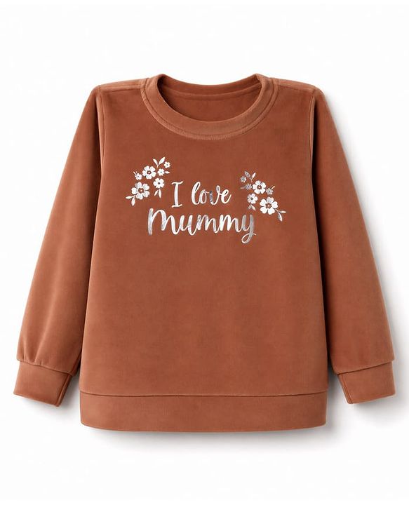 Babyhug Velour Knit Full Sleeves Text & Floral Printed Winter Wear Suit - Rust Orange