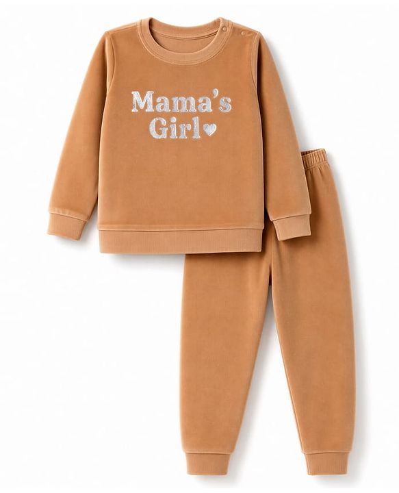 Babyhug Velour Knit Full Sleeves Text Foil Printed Winter Wear Suit - Tan