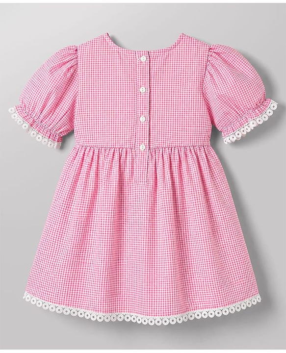 Babyhug Woven Half Sleeves Floral Embroidered & Checked Frock With Floral Applique & Lace Detailing - Pink