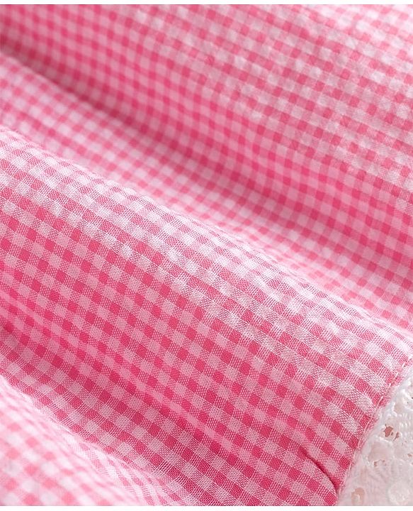 Babyhug Woven Half Sleeves Floral Embroidered & Checked Frock With Floral Applique & Lace Detailing - Pink