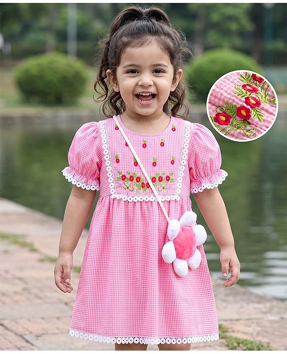 Babyhug Woven Half Sleeves Floral Embroidered & Checked Frock With Floral Applique & Lace Detailing - Pink
