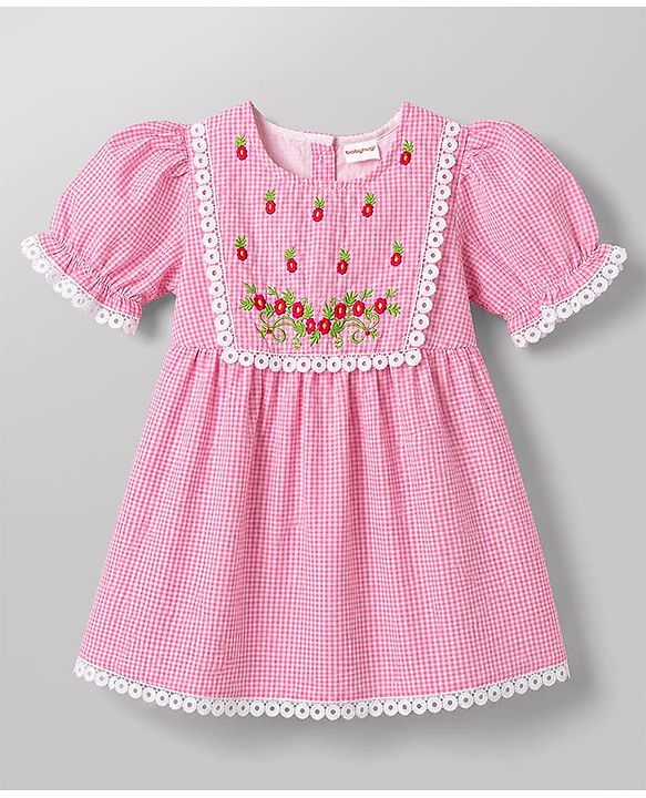 Babyhug Woven Half Sleeves Floral Embroidered & Checked Frock With Floral Applique & Lace Detailing - Pink
