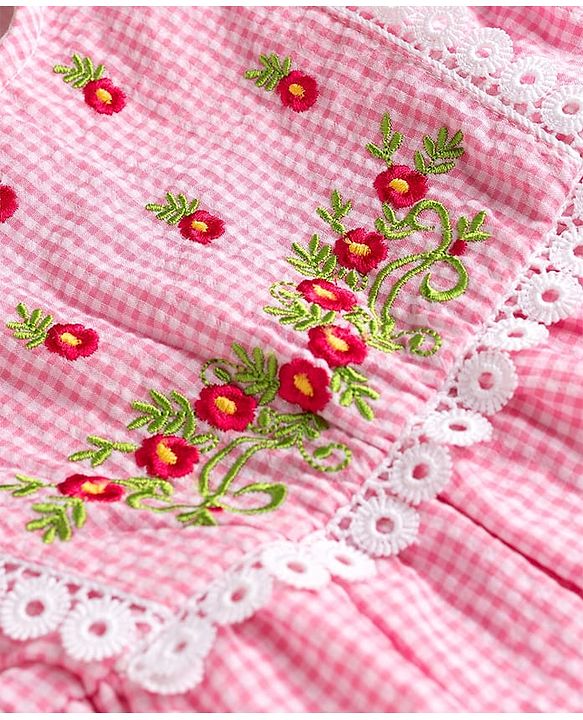 Babyhug Woven Half Sleeves Floral Embroidered & Checked Frock With Floral Applique & Lace Detailing - Pink