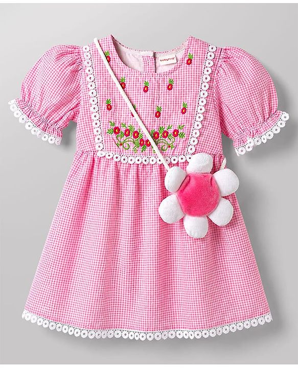Babyhug Woven Half Sleeves Floral Embroidered & Checked Frock With Floral Applique & Lace Detailing - Pink