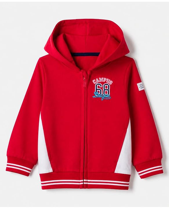 Babyhug Heavy Gauge 100% Cotton Knit Full Sleeves Hooded Sweatjacket with Front Zipper and Campus 68 League Embroidery - Red
