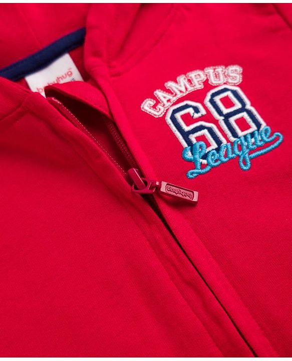 Babyhug Heavy Gauge 100% Cotton Knit Full Sleeves Hooded Sweatjacket with Front Zipper and Campus 68 League Embroidery - Red