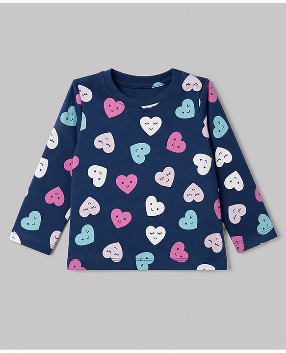 Babyhug 100% Cotton Knit Full Sleeves Co-Ords T-Shirt & Pyjama Night Suit with Heart Print - Navy Blue