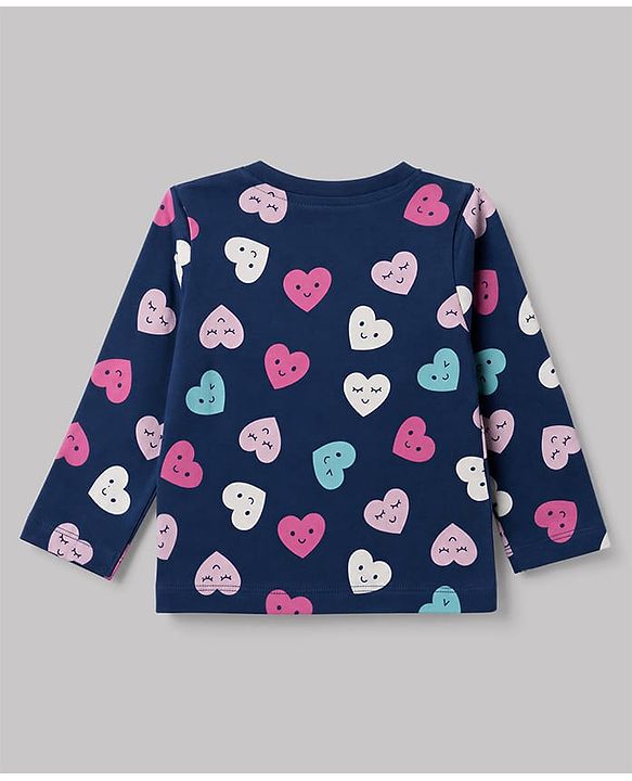 Babyhug 100% Cotton Knit Full Sleeves Co-Ords T-Shirt & Pyjama Night Suit with Heart Print - Navy Blue