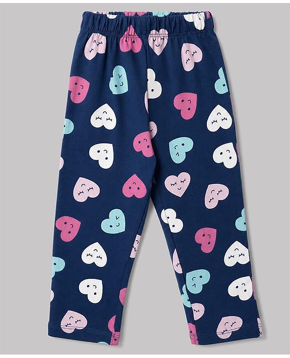Babyhug 100% Cotton Knit Full Sleeves Co-Ords T-Shirt & Pyjama Night Suit with Heart Print - Navy Blue
