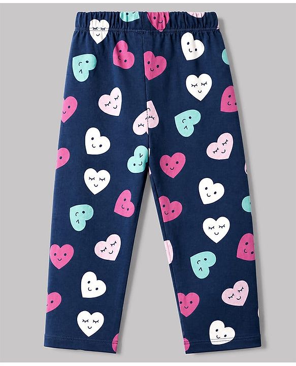 Babyhug 100% Cotton Knit Full Sleeves Co-Ords T-Shirt & Pyjama Night Suit with Heart Print - Navy Blue