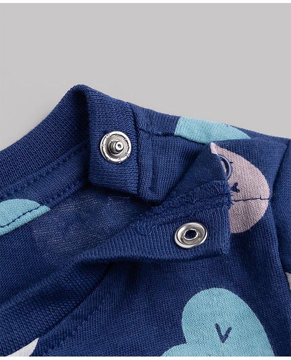 Babyhug 100% Cotton Knit Full Sleeves Co-Ords T-Shirt & Pyjama Night Suit with Heart Print - Navy Blue