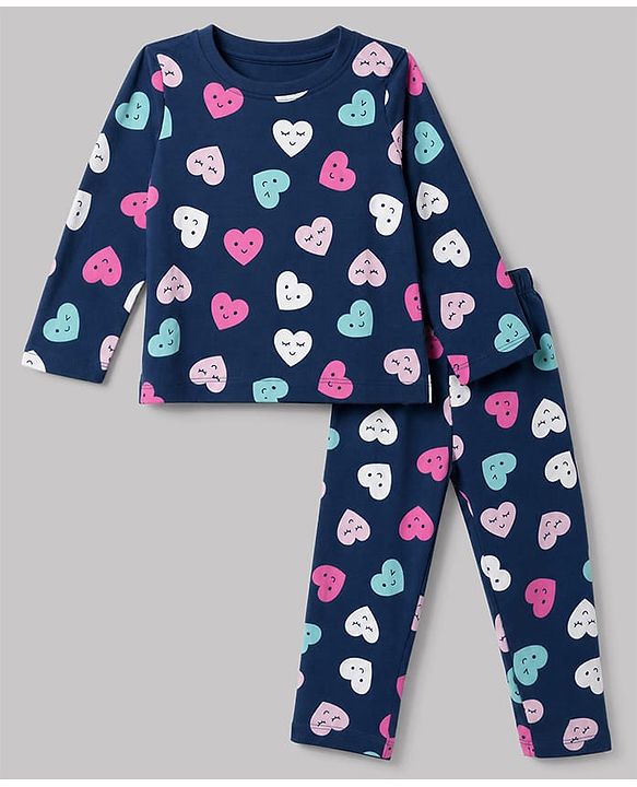 Babyhug 100% Cotton Knit Full Sleeves Co-Ords T-Shirt & Pyjama Night Suit with Heart Print - Navy Blue