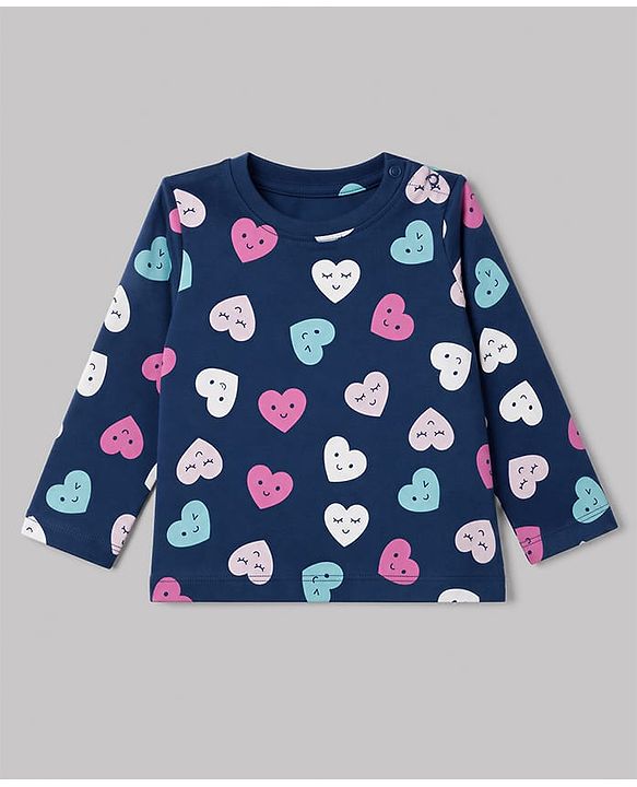Babyhug 100% Cotton Knit Full Sleeves Co-Ords T-Shirt & Pyjama Night Suit with Heart Print - Navy Blue