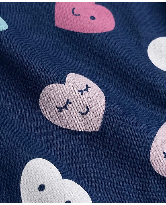Babyhug 100% Cotton Knit Full Sleeves Co-Ords T-Shirt & Pyjama Night Suit with Heart Print - Navy Blue