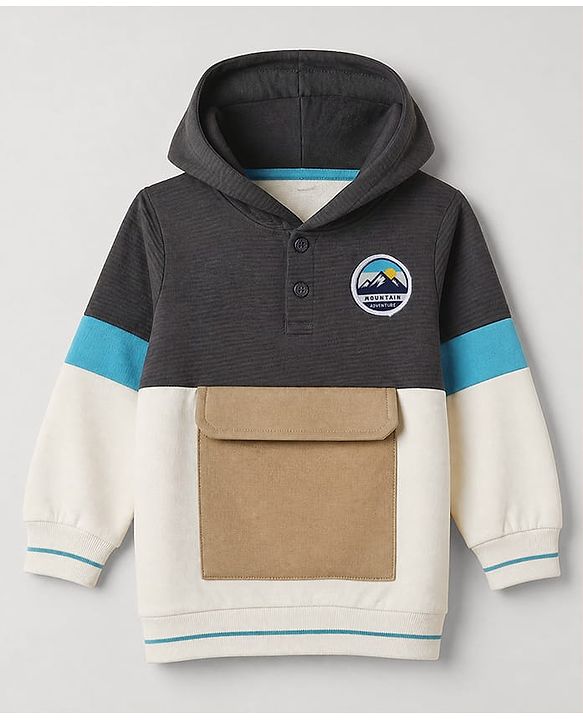 Babyhug 100% Cotton Heavy Guage Knit Hooded Sweatshirt With Full Sleeves Front Open Mountain Patch in Charcoal Grey