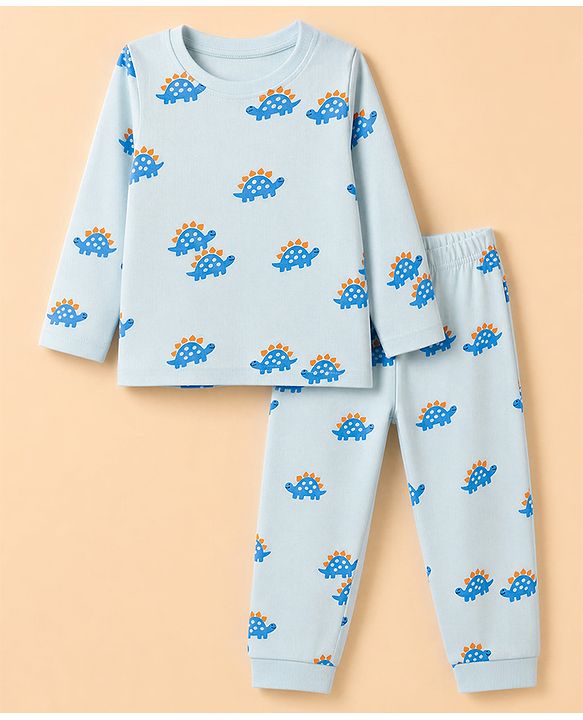 Babyhug 100% Cotton Knit Full Sleeves Co-Ords T-Shirt & Pyjama Night Suit with Tortoise Print - Aqua Blue