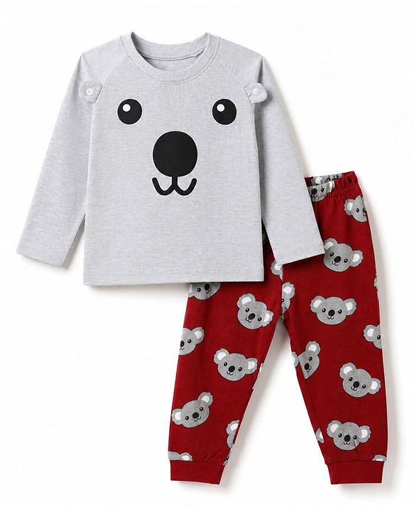 Babyhug 100% Cotton Knit Full Sleeves T-Shirt & Pyjama Night Suit with Bear Print - Grey & Red