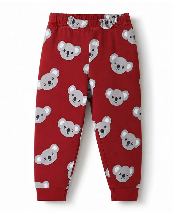 Babyhug 100% Cotton Knit Full Sleeves T-Shirt & Pyjama Night Suit with Bear Print - Grey & Red