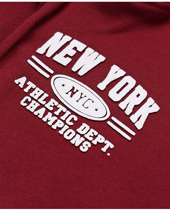 Babyhug 100% Cotton Knit Full Sleeves Hooded Sweatjackets with Raglan Sleeves and New York Athletic Dept. Champions Text Print - Maroon