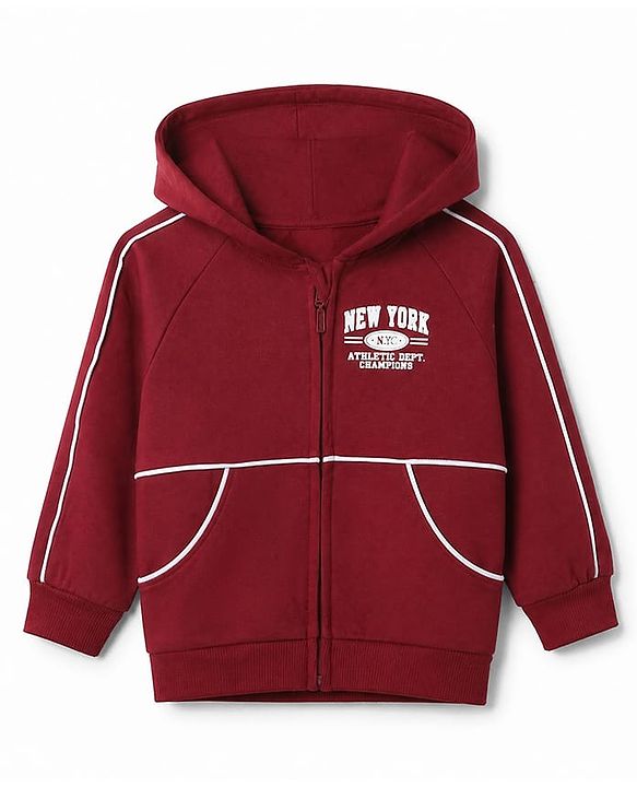Babyhug 100% Cotton Knit Full Sleeves Hooded Sweatjackets with Raglan Sleeves and New York Athletic Dept. Champions Text Print - Maroon