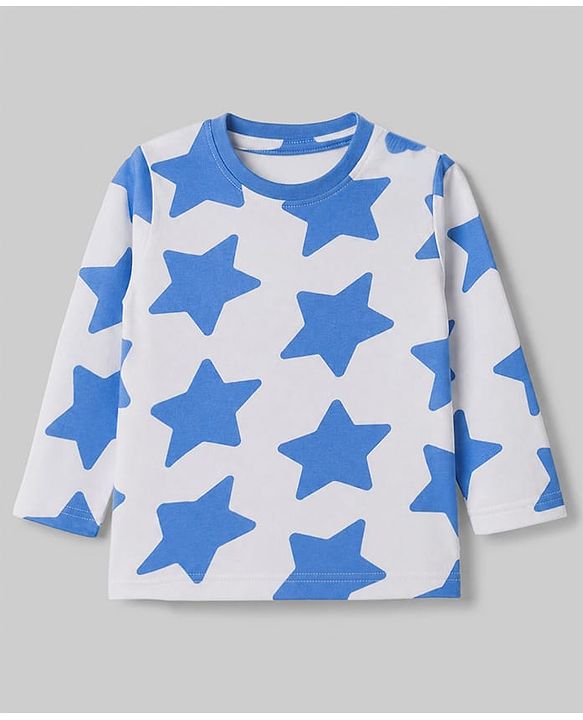 Babyhug 100% Cotton Knit Full Sleeves Co-Ords T-Shirt & Pyjama Night Suit with Star Print - Blue